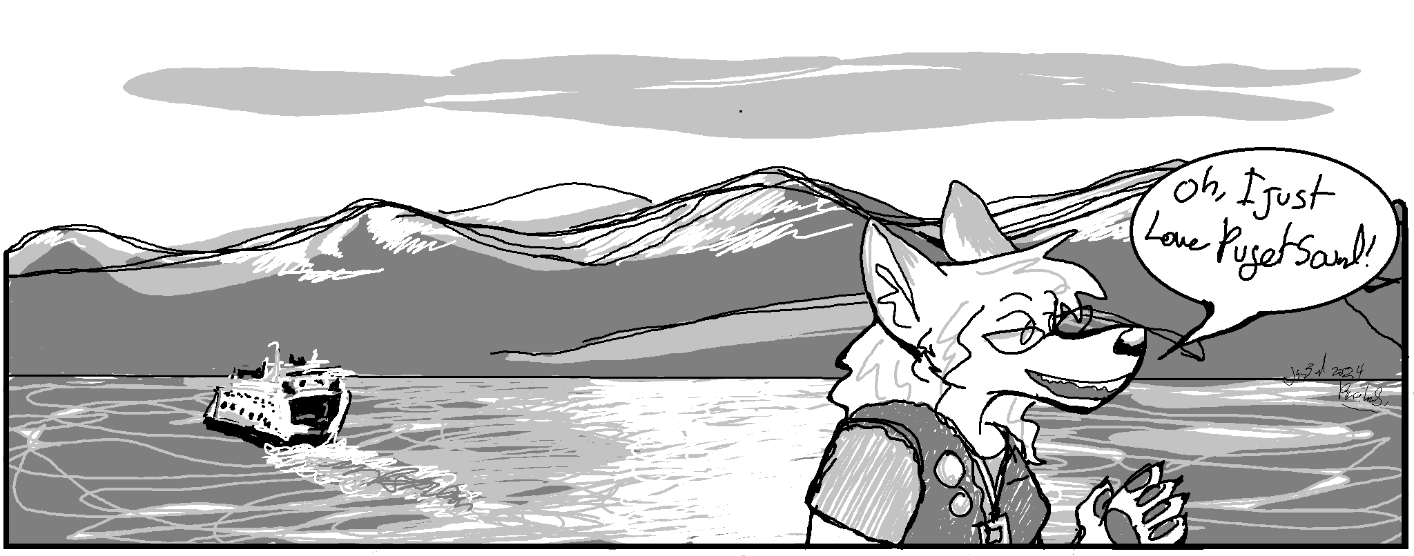 One Panel
The first strip with a background: A large body of water with gentle waves, the Washington Ferry is sailing across, and the Cascade Mountains are visible in the distance
Kate, in her aquarium vest, with several pins and a badge: "Oh, I just love Puget Sound!"