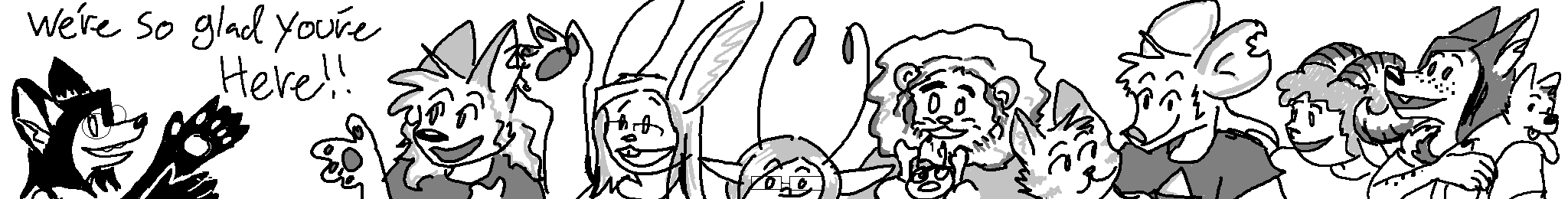 The header: A collection of friends welcoming you to the comic, saying "We're so glad you're here!!"